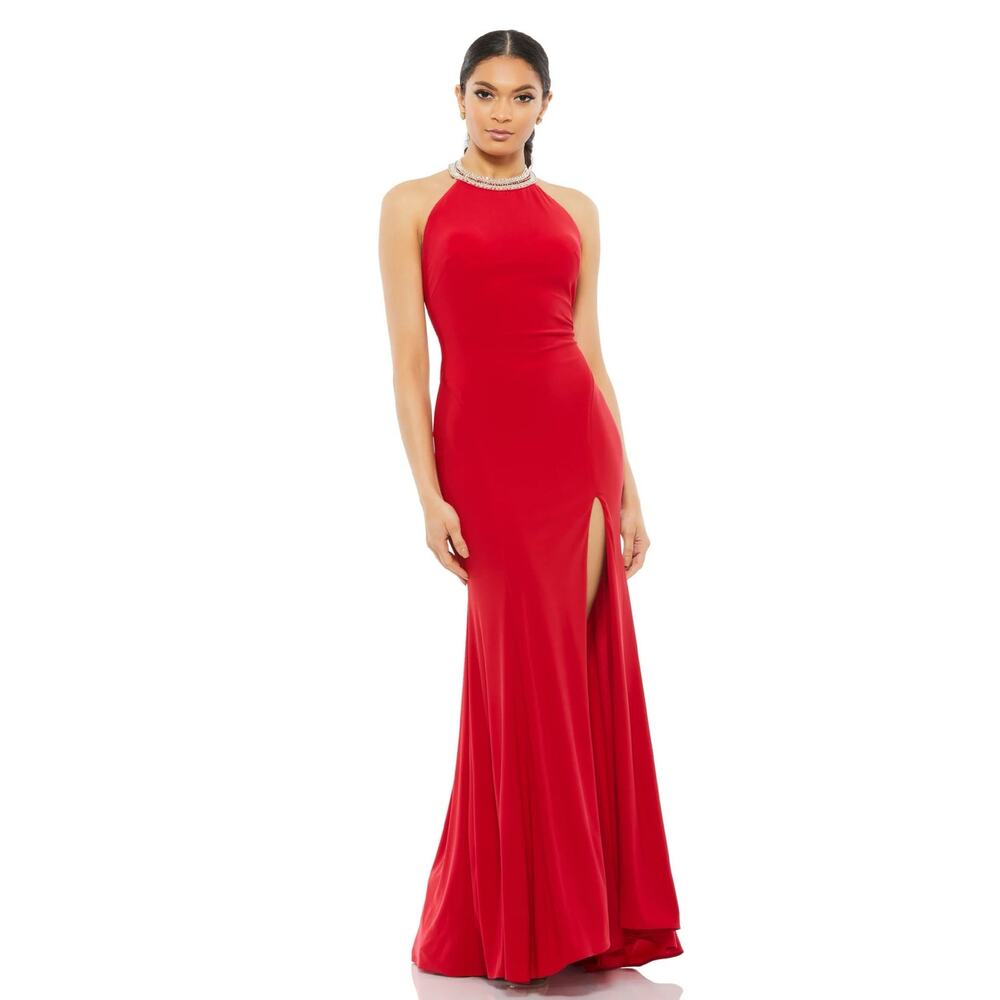 Mac Duggal NWT Beaded Halter Jersey Evening Gown in Red Size 12